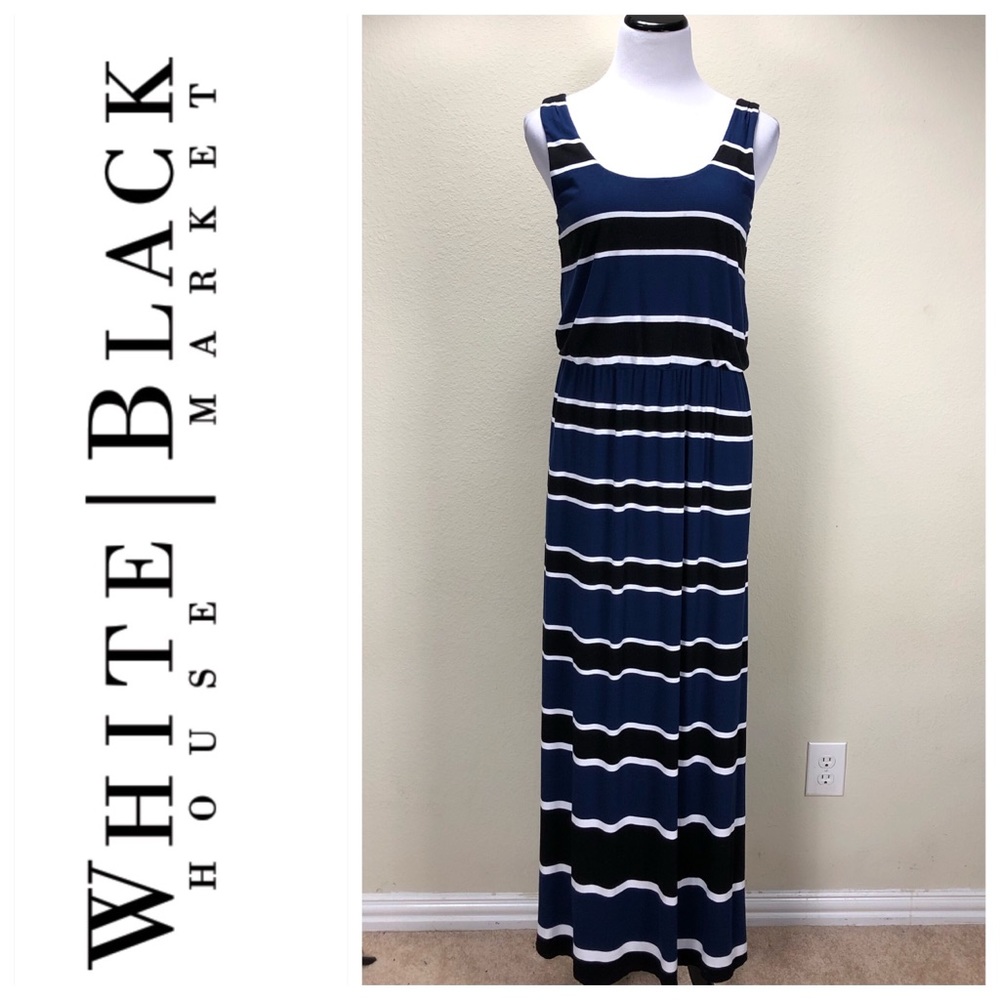 WHBM Blue Black & White Striped Maxi Dress